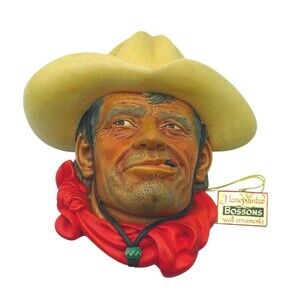 Vintage 1967 Bossons Chalkware Head Rawhide Cowboy Wall Plaque England with Tag